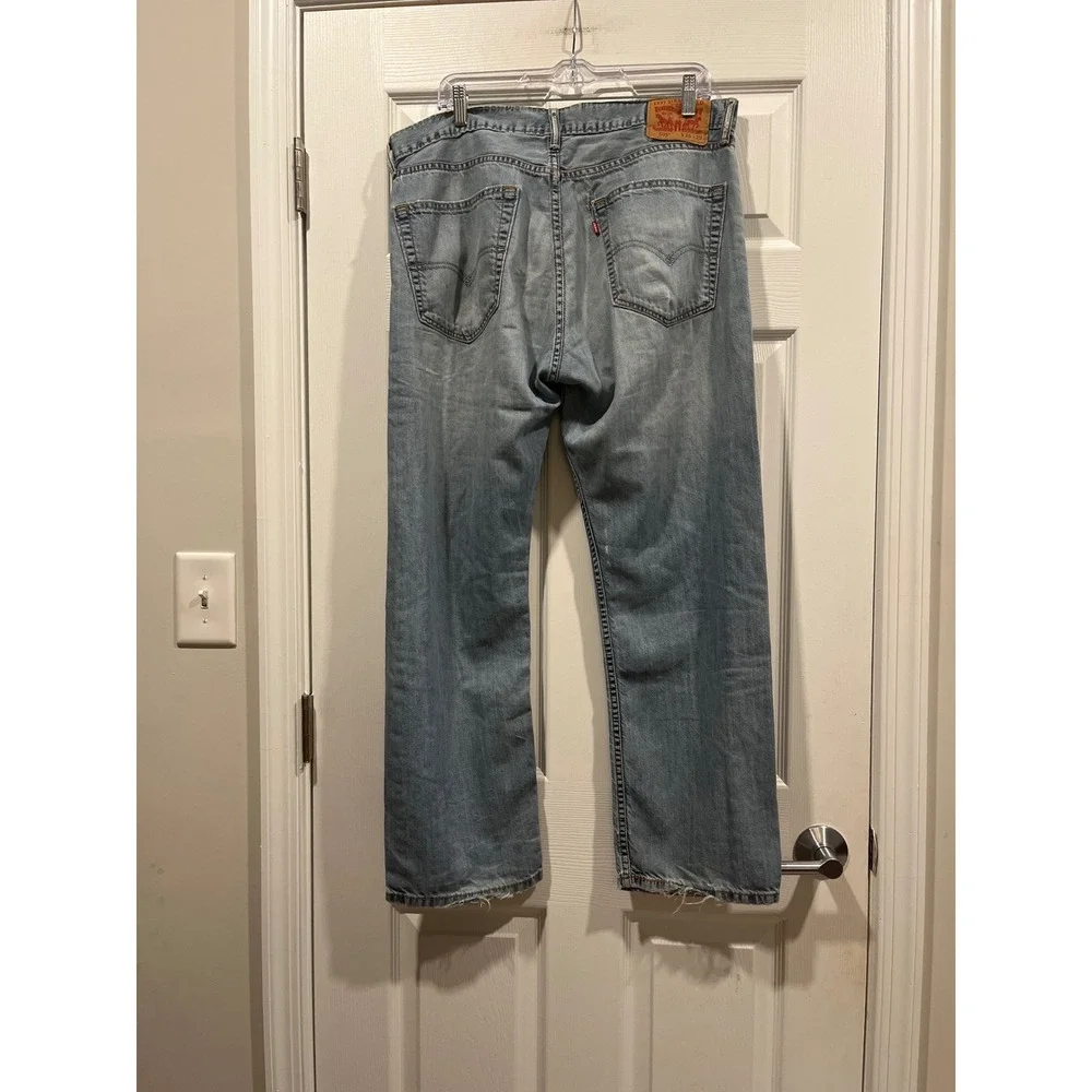 Levis 505 Regular Fit Straight Leg Distressed Jeans Light Wash Mens 36x29